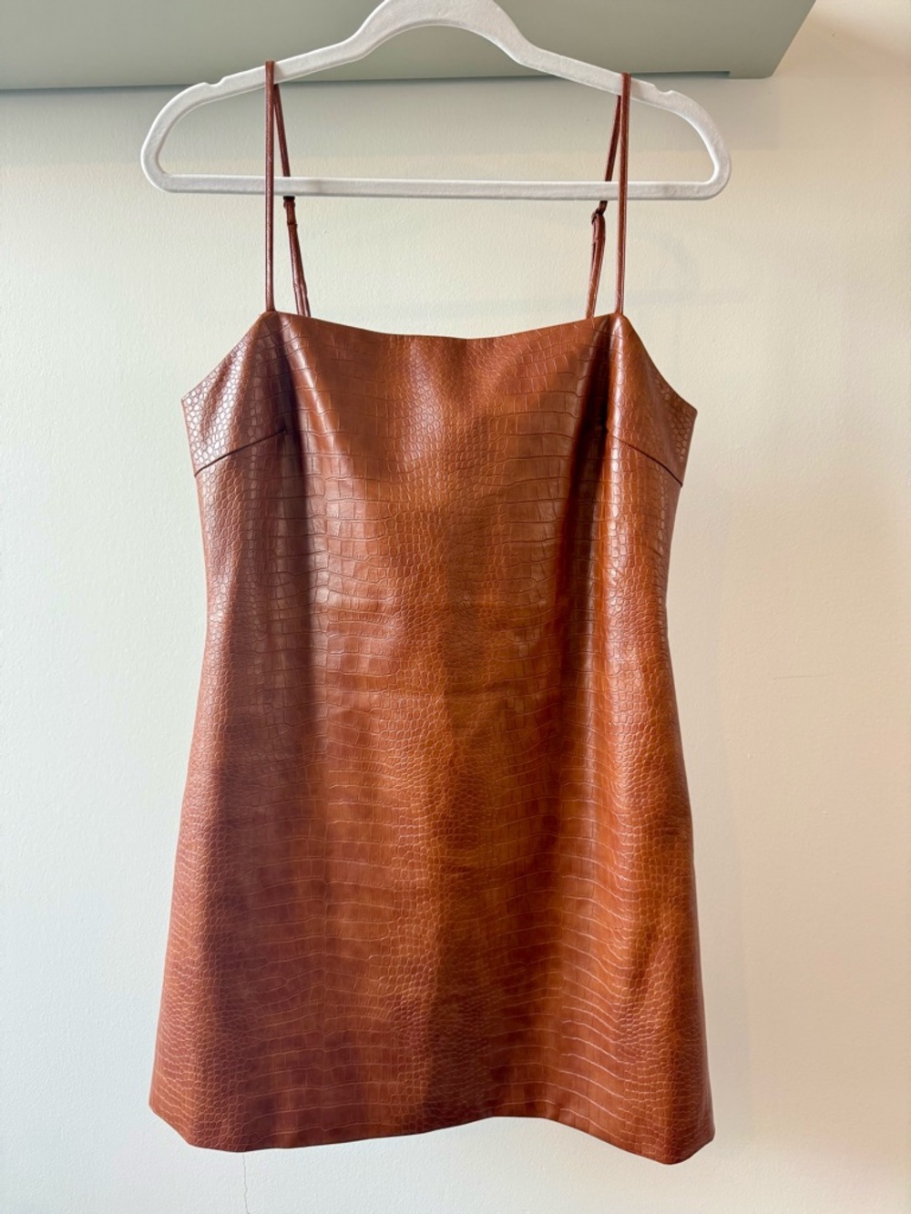 Bardot Croc-Embossed Faux Leather Mini Dress in Cognac